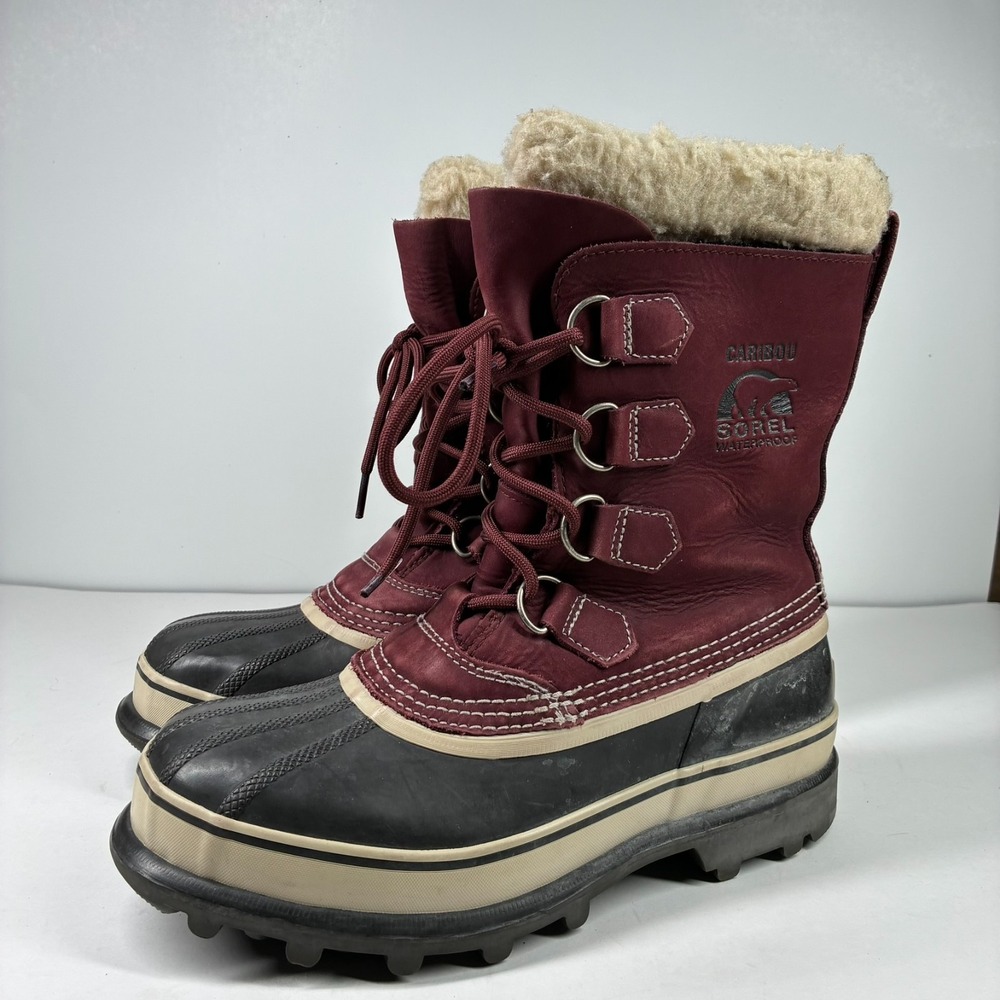 Sorel Caribou Women's US 8 Burgundy Leather Waterproof Winter Snow Boots NL1005